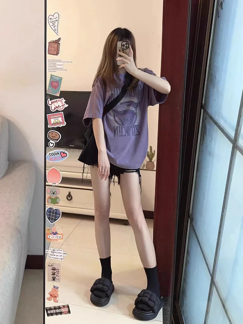 美式复古oversize紫色短袖t恤夏季遮肉半袖上衣ins牛仔短裤两件套