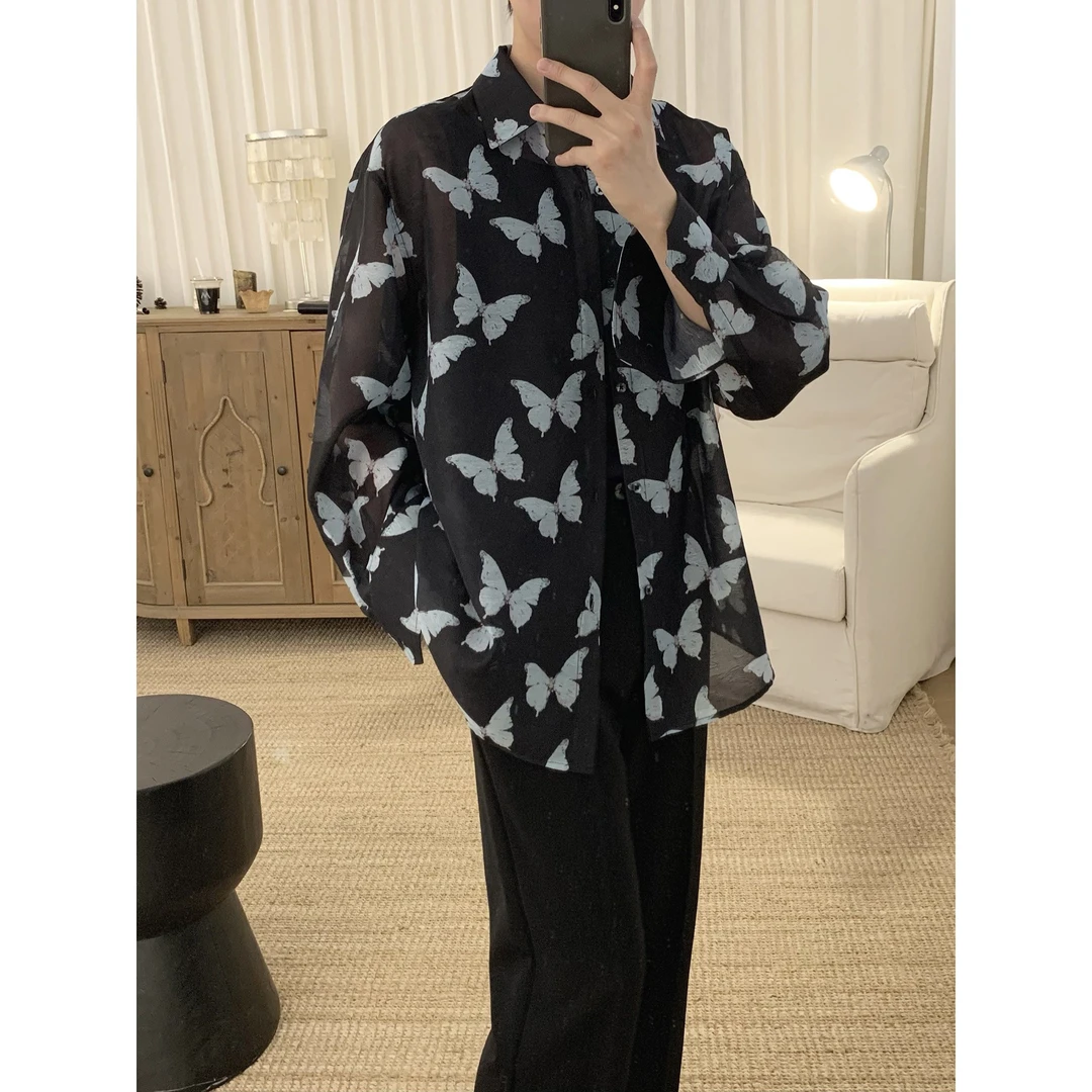 蝴蝶印花衬衫男痞帅夏季薄款微透宽松防晒衬衣A2504707