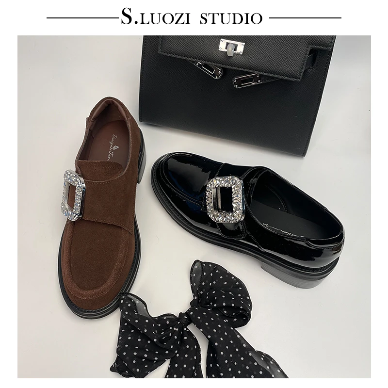 诗罗姿2025春季新款圆头乐福鞋女时尚百搭真皮英伦风厚底水钻单鞋