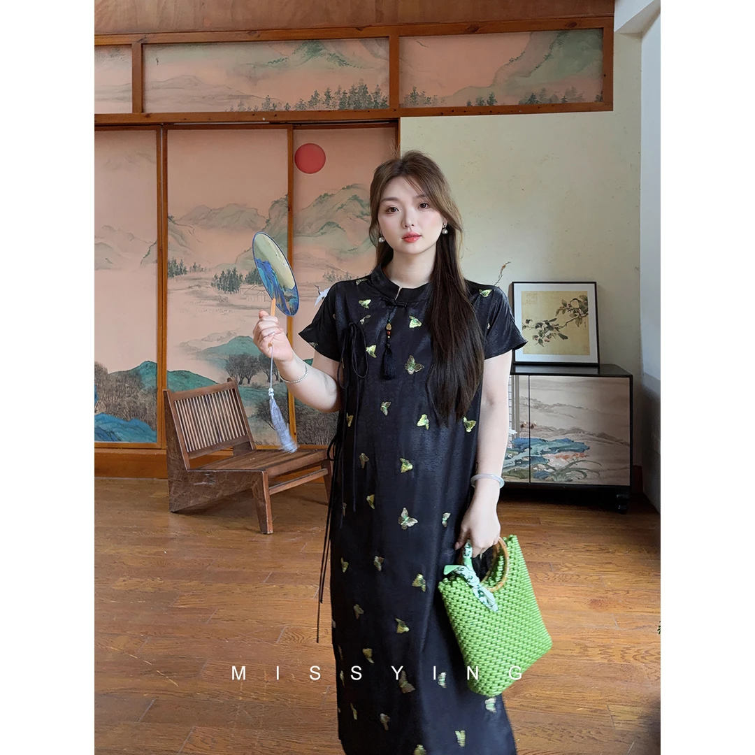 应小姐【茶与蝶】微胖大码夏季显瘦气质小众新中式民国风刺绣旗袍