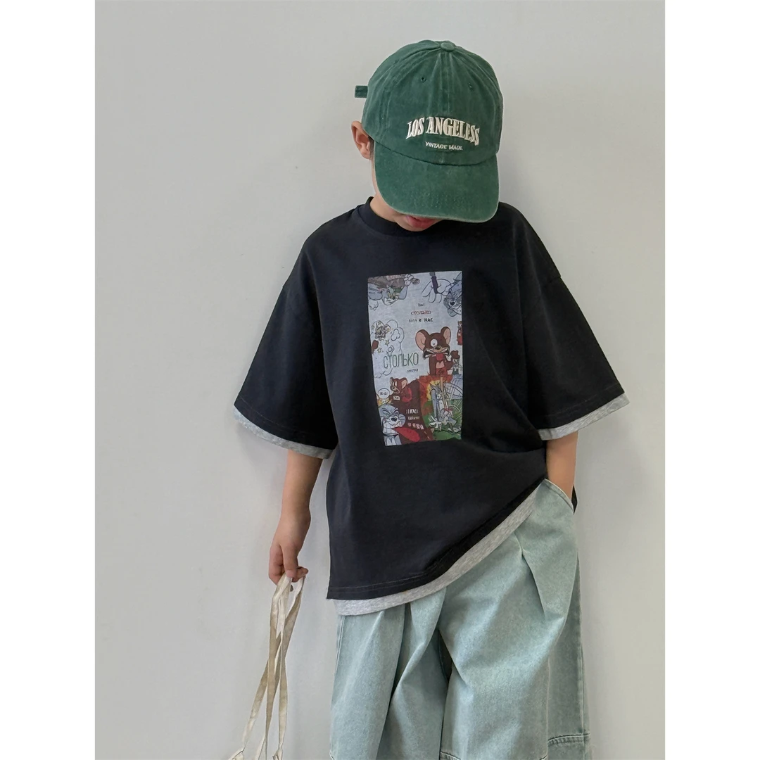 in 爱：nl25夏季男童短袖T恤儿童韩版简潮汤姆猫印花半袖上衣90520