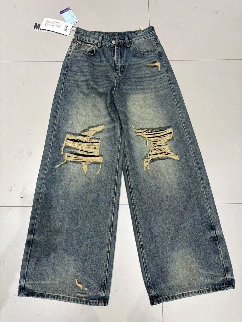 【B1092】春季新款假破洞中高腰显瘦宽松牛仔裤-宽松直筒裤