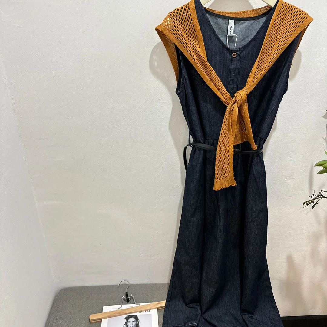 披肩收腰设计高级感显瘦中长款无袖牛仔连衣裙