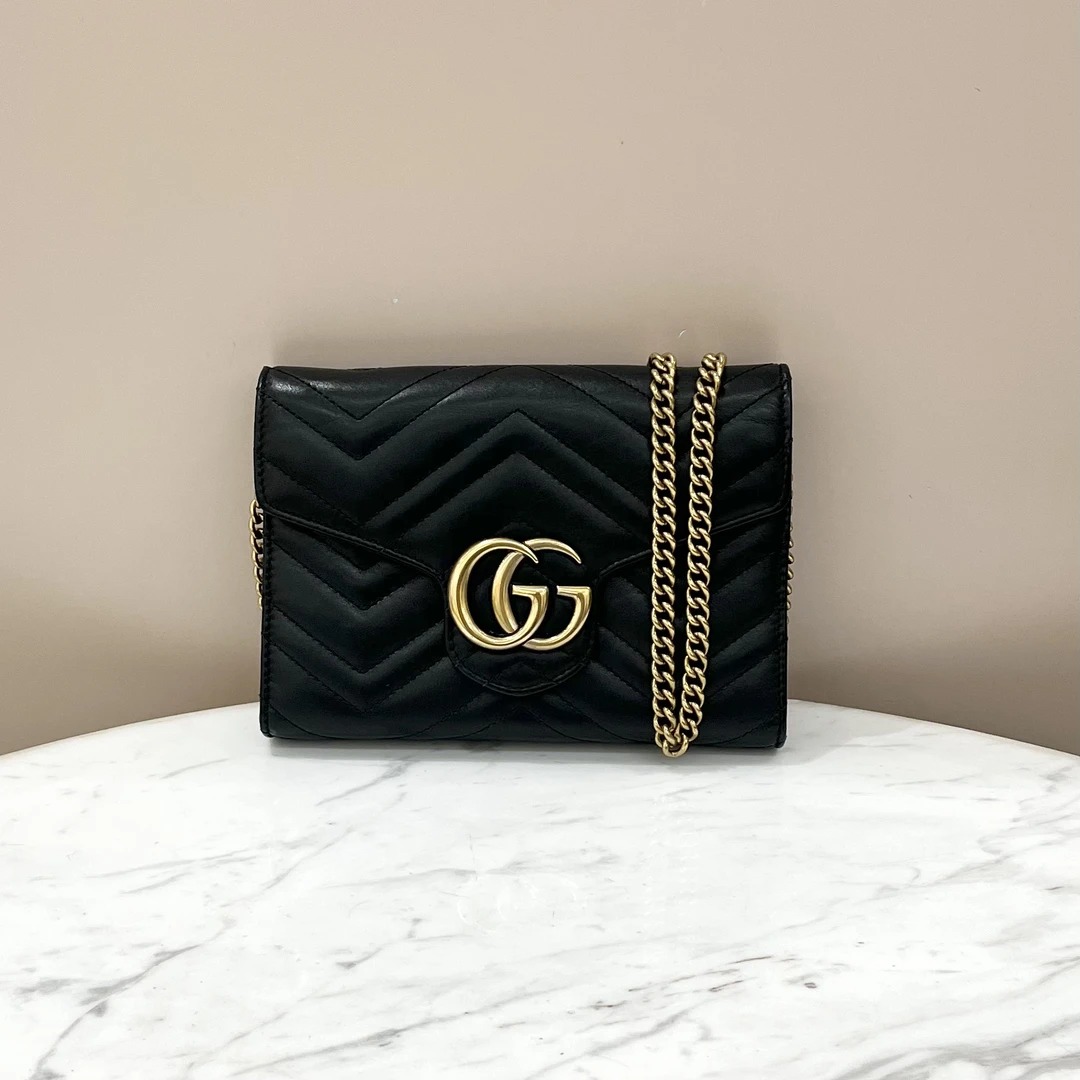 99新 GUCCI/古驰 黑色金扣波浪纹WOC链条包，尺寸20*13