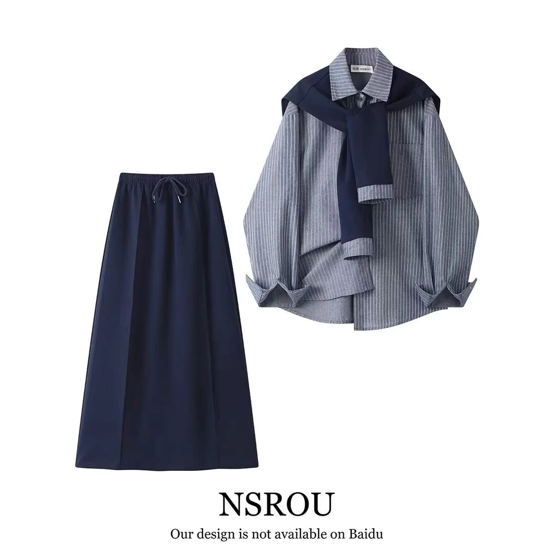 加大码300斤早春秋季盐系穿搭三件套开叉半身裙披肩衬衫休闲套装