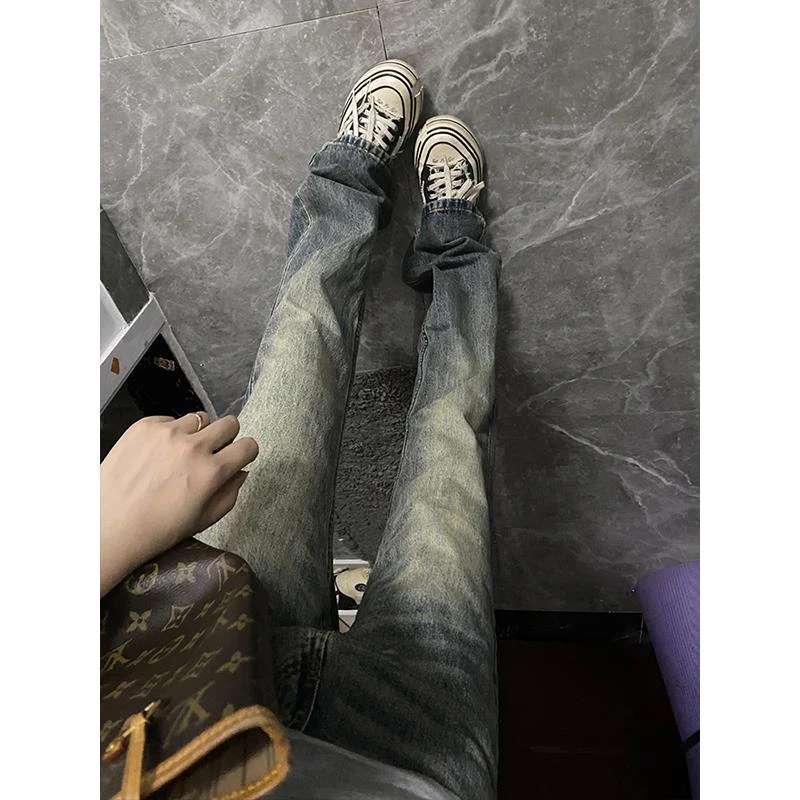 水洗复古蓝闪电纹牛仔裤男女夏美式高街直筒微喇裤修身显瘦弯刀裤