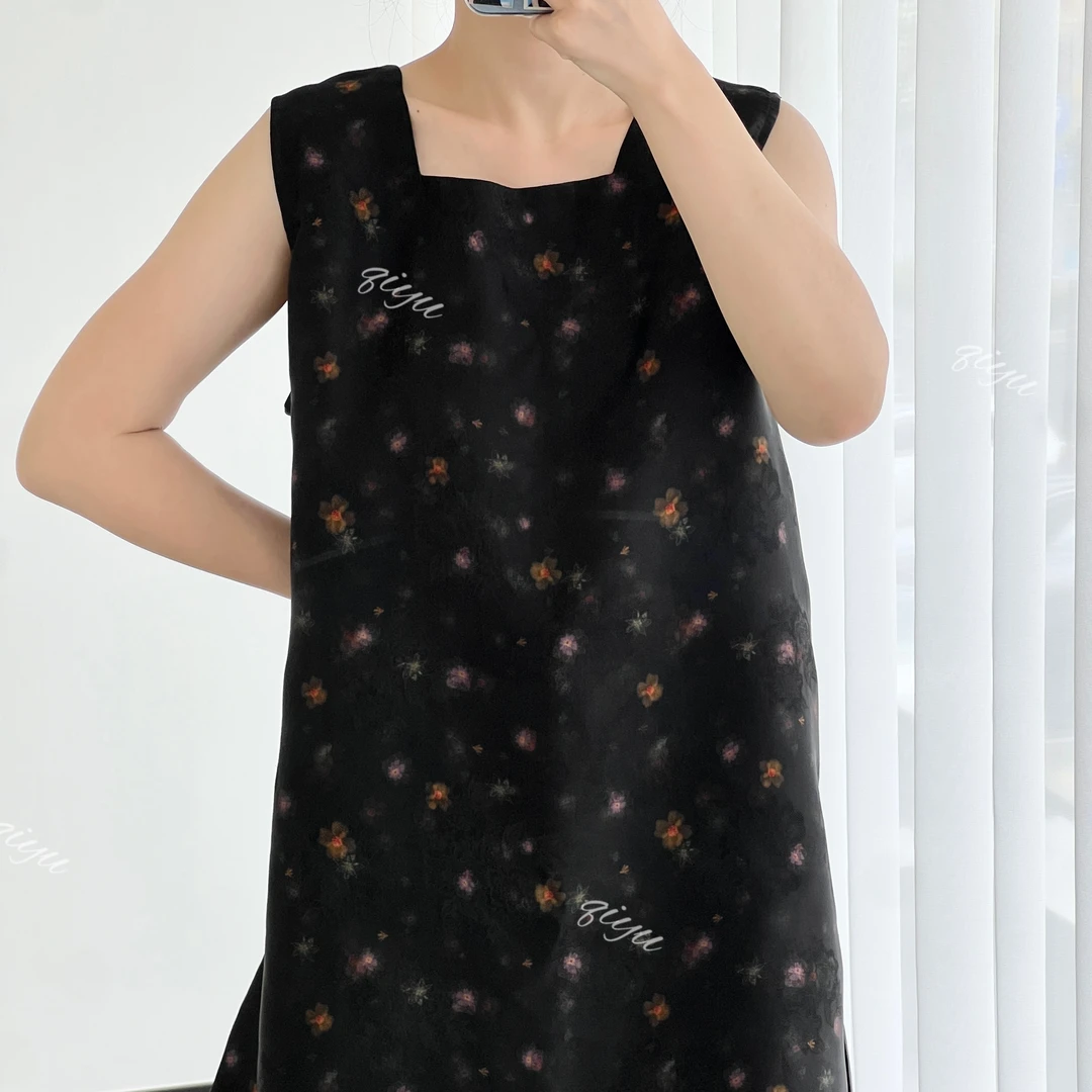 祈羽香云纱100桑蚕丝 黑底小碎花长款方领背心花罗无袖