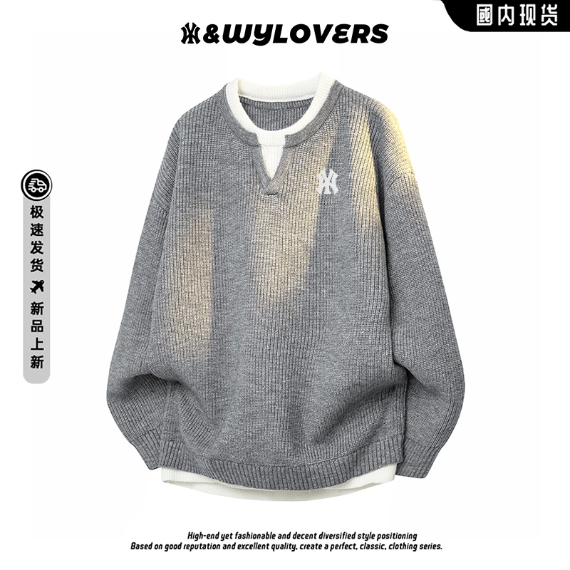 【官方奥特莱斯】品牌折扣 情侣假两件V领毛衣秋冬季美式休闲针织衫