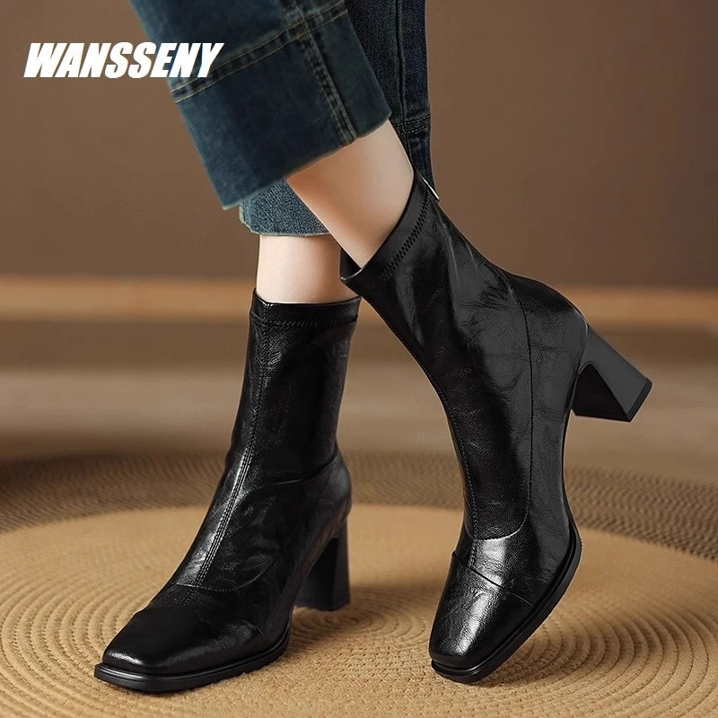 WANSSENY2025年羊皮粗跟短靴女方头弹力瘦瘦靴复古软皮高跟马丁靴