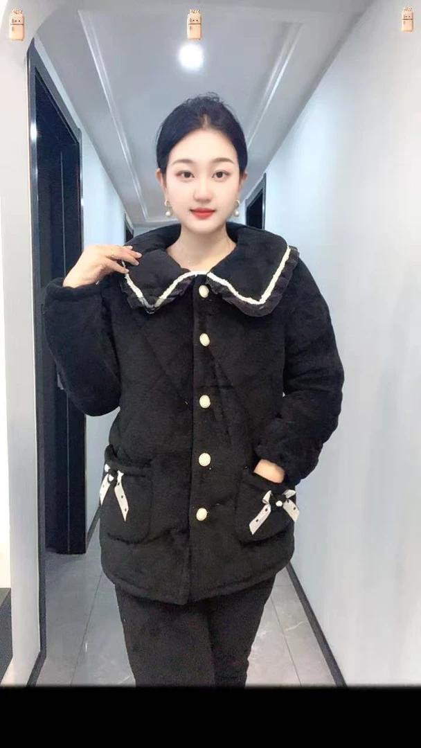 翻领睡衣睡休闲保暖长裙加厚家居服套装冬季女生百搭黑色秋冬