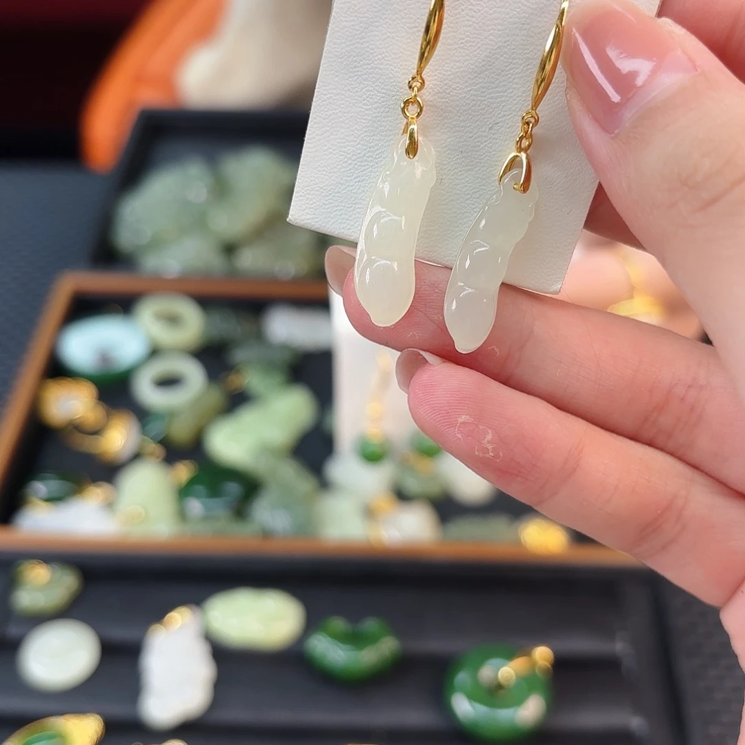 和田玉银S925镶嵌颈饰福豆耳环白玉