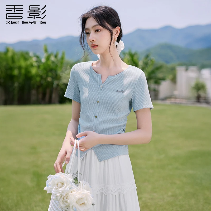 【直播专享】T65S770 T恤 香影细坑条针织t恤女短袖夏季新款休