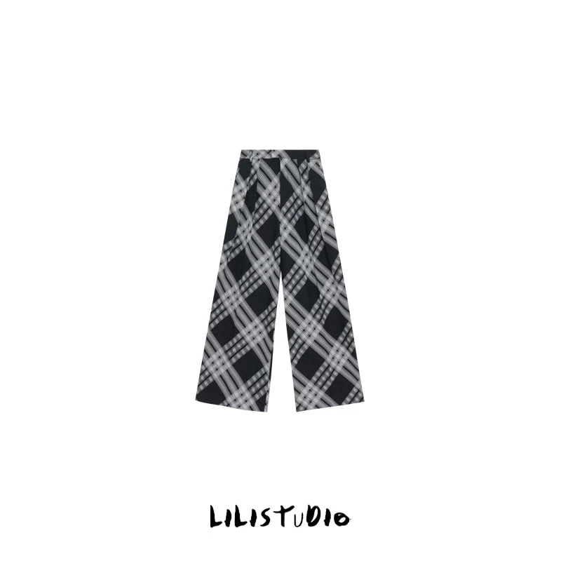 PCNY「魔幻方格」不理理秋冬新款女装休闲直筒裤子女