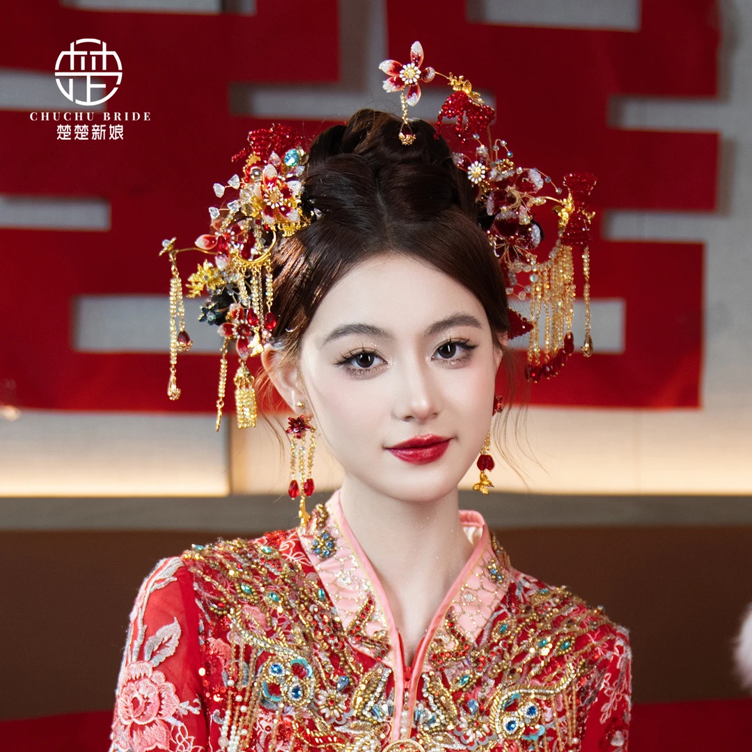 金红色秀禾发饰套装减龄甜美新娘新中式旗袍龙凤褂马面裙头饰