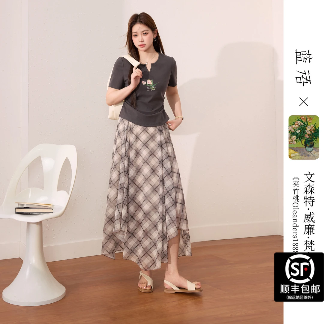 蓝语大码女装【梵高联名】法式印花短袖T恤格纹半身裙夏季套装05960