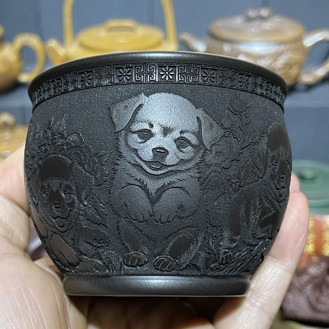 原矿紫砂石黄立体浮雕手工生肖狗主人杯水缸杯140毫升茶杯紫砂杯