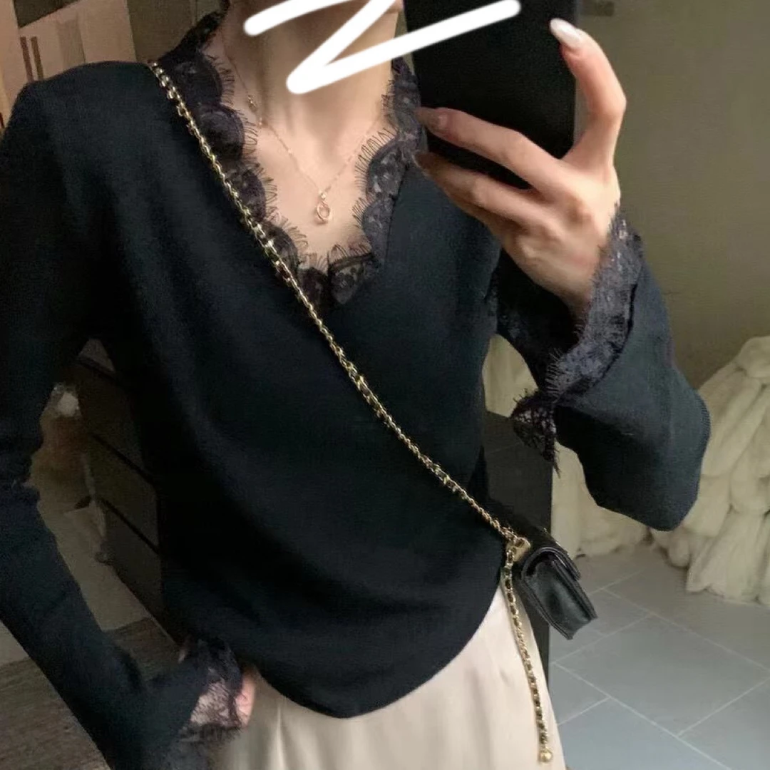 领口袖口拼接蕾丝V领马蹄袖气质优雅唯美精致洋气设计叠穿毛衣