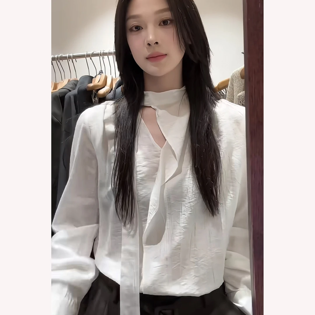韩系复古甜辣风纯欲风白色长袖飘带衬衫女秋季宽松休闲百搭上衣