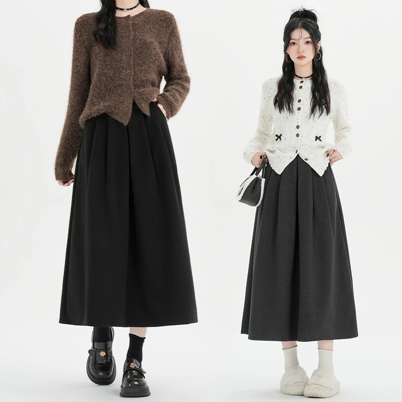 黑色毛呢半身裙女秋冬新款a字裙高腰百褶裙修身显瘦中长款大摆裙
