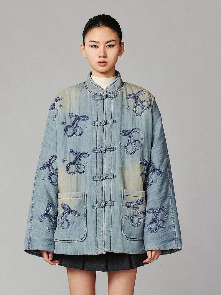 特。UY2024冬季新款动感樱桃水洗牛仔老棉袄外套