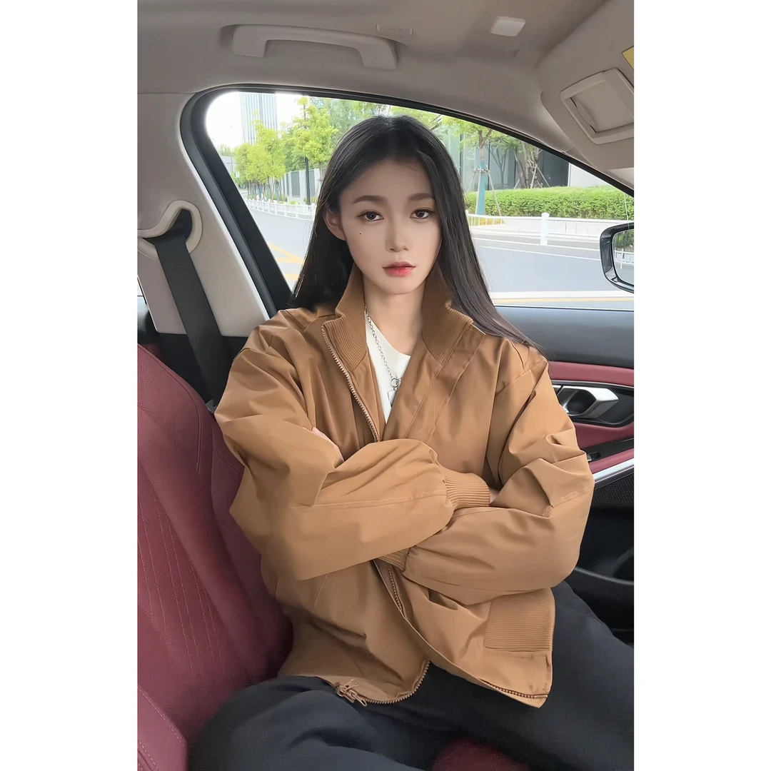 美拉德短款外套男秋季美式复古飞行员夹克cleanfit棕色立领棒球服