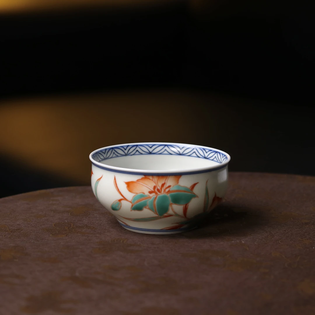 雨溪山房 景德镇手绘红绿彩百合繁花主人杯茶杯 茶道茶具 80cc
