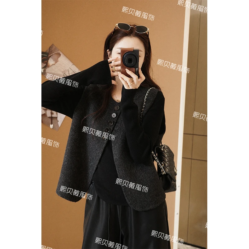 熙贝薇 羊毛羊驼毛欧货松弛感无袖背心剪裁单排扣马夹 G5391
