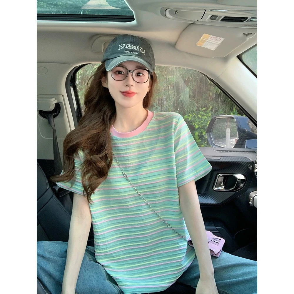 外贸原单【 多巴胺彩色条纹】短袖显瘦遮肉设计感撞色圆领上衣24074