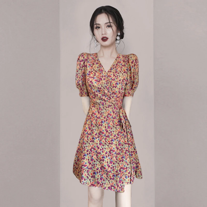 【PPJ】法式复古系带碎花连衣裙2025夏季名媛气质收腰显瘦女装8057