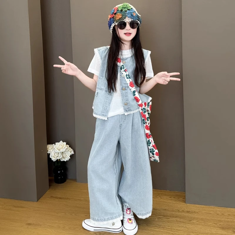 女童夏季套装2025新款儿童洋气网红蕾丝花边牛仔外套阔腿裤四件套