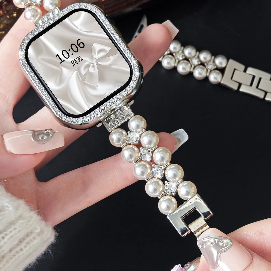 适用苹果手表表带s10珍珠镶钻iwatch s9金属腕表AppleWatch女JY夏