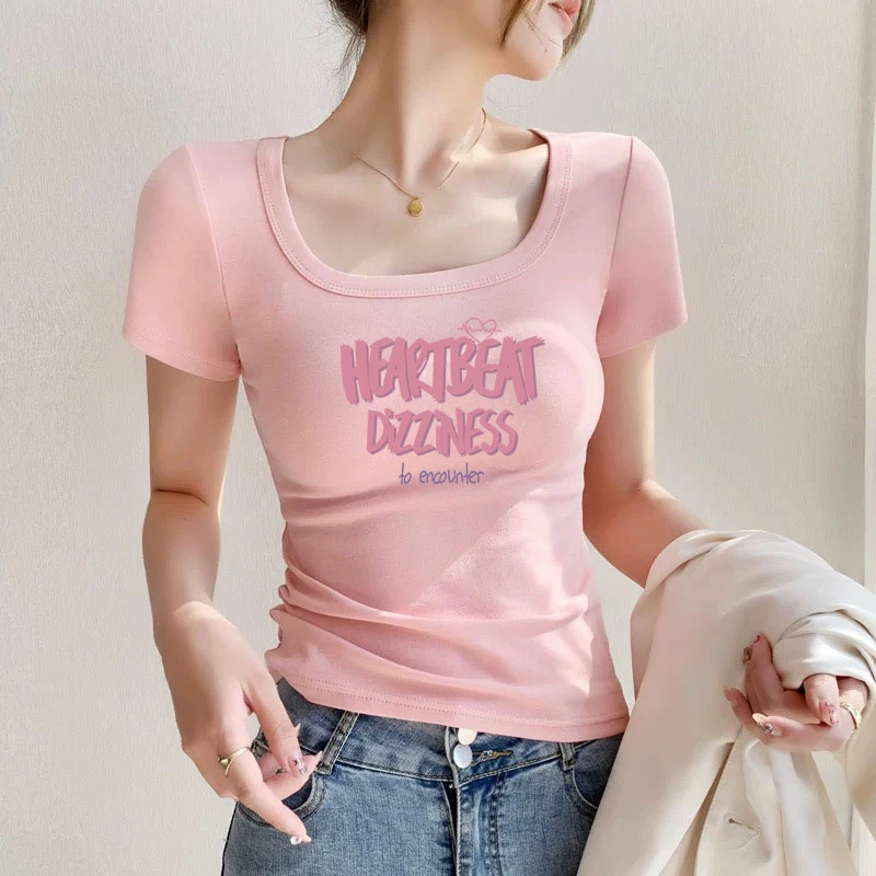 短袖时尚夏季U领正肩t恤女修身方领女装紧身上衣潮减龄内搭体恤