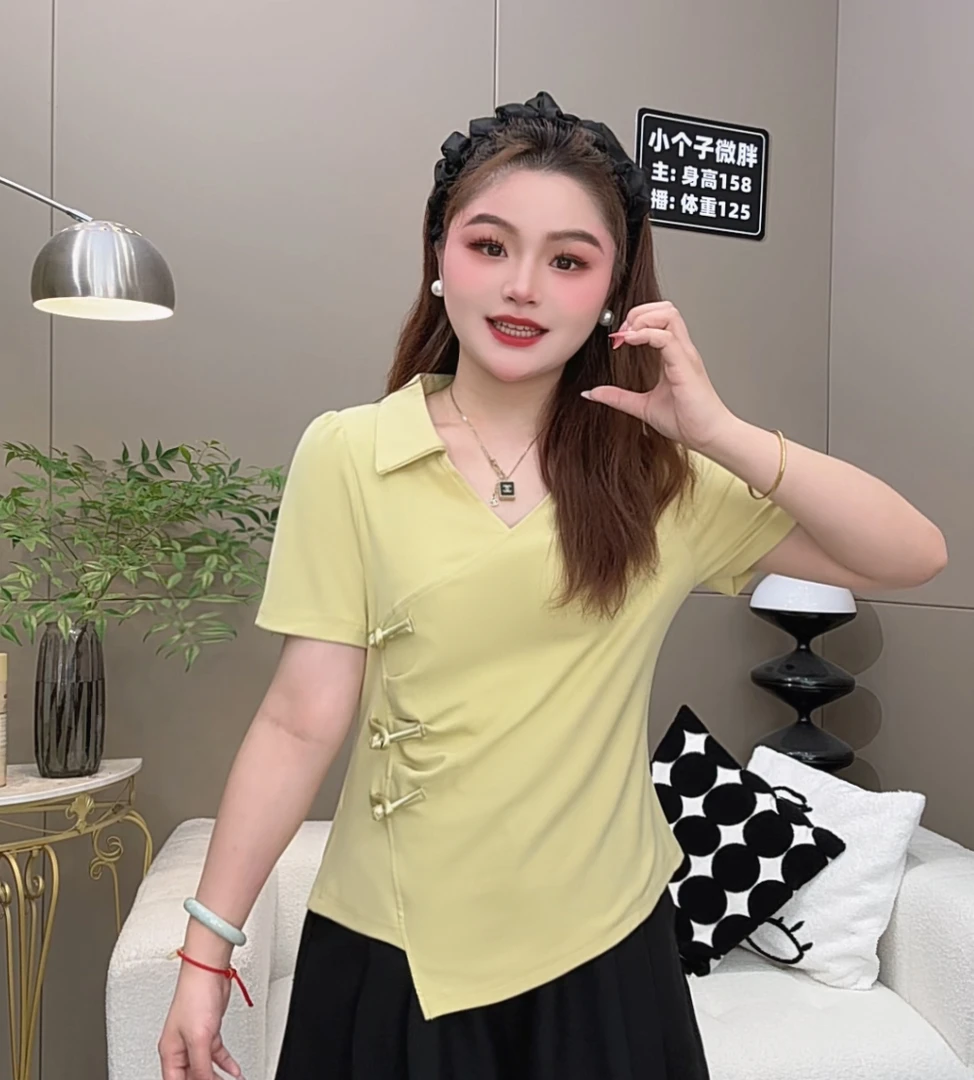 新中式国风盘扣短袖T恤女2025夏季新款不规则开叉显瘦百搭上衣