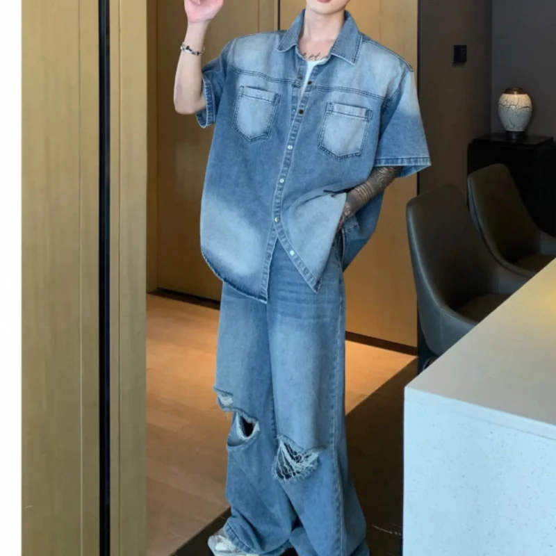 美式复古小众做旧牛仔衬衫男女高街痞帅潮破洞牛仔裤衣服一套搭配