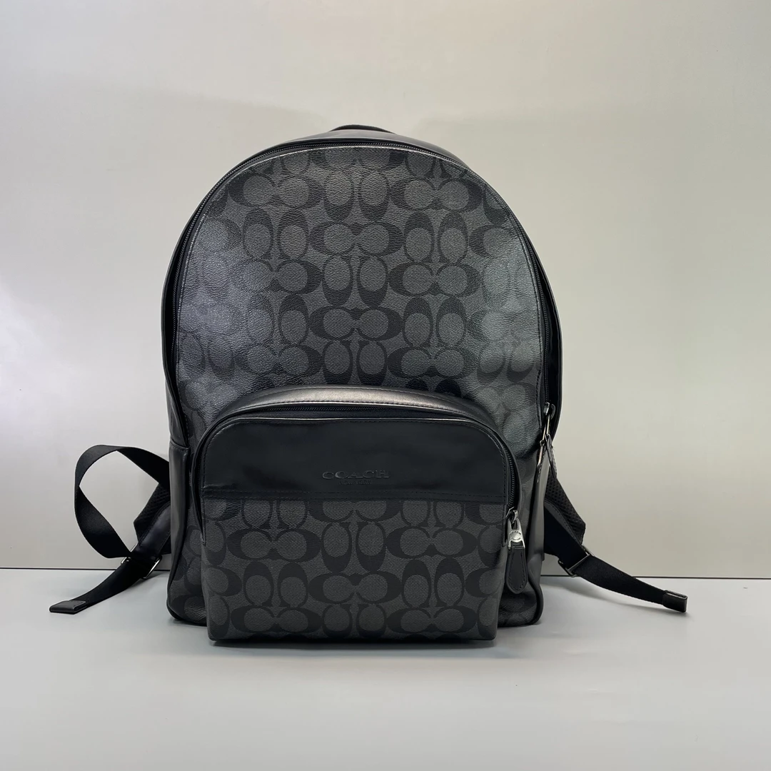 95新 COACH/蔻驰 小林/男士黑拼老花大双肩包31*43*15cmB011901