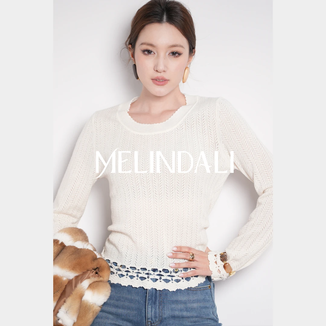 Melinda Li【山茶白】浪漫法式手工钩花显瘦羊毛针织衫白色毛衣