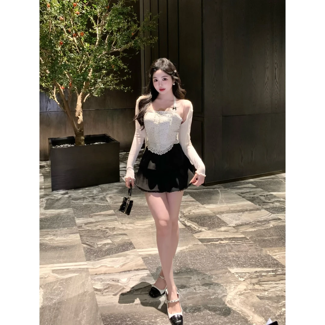 MengFairy 【糯糯半裙】甜美设计感黑色百褶高腰半裙套装5008M