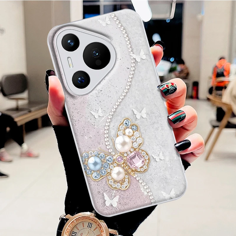 适用华为Pura70水凝壳pura70pro手机壳钻石蝴蝶时尚潮防摔保护套