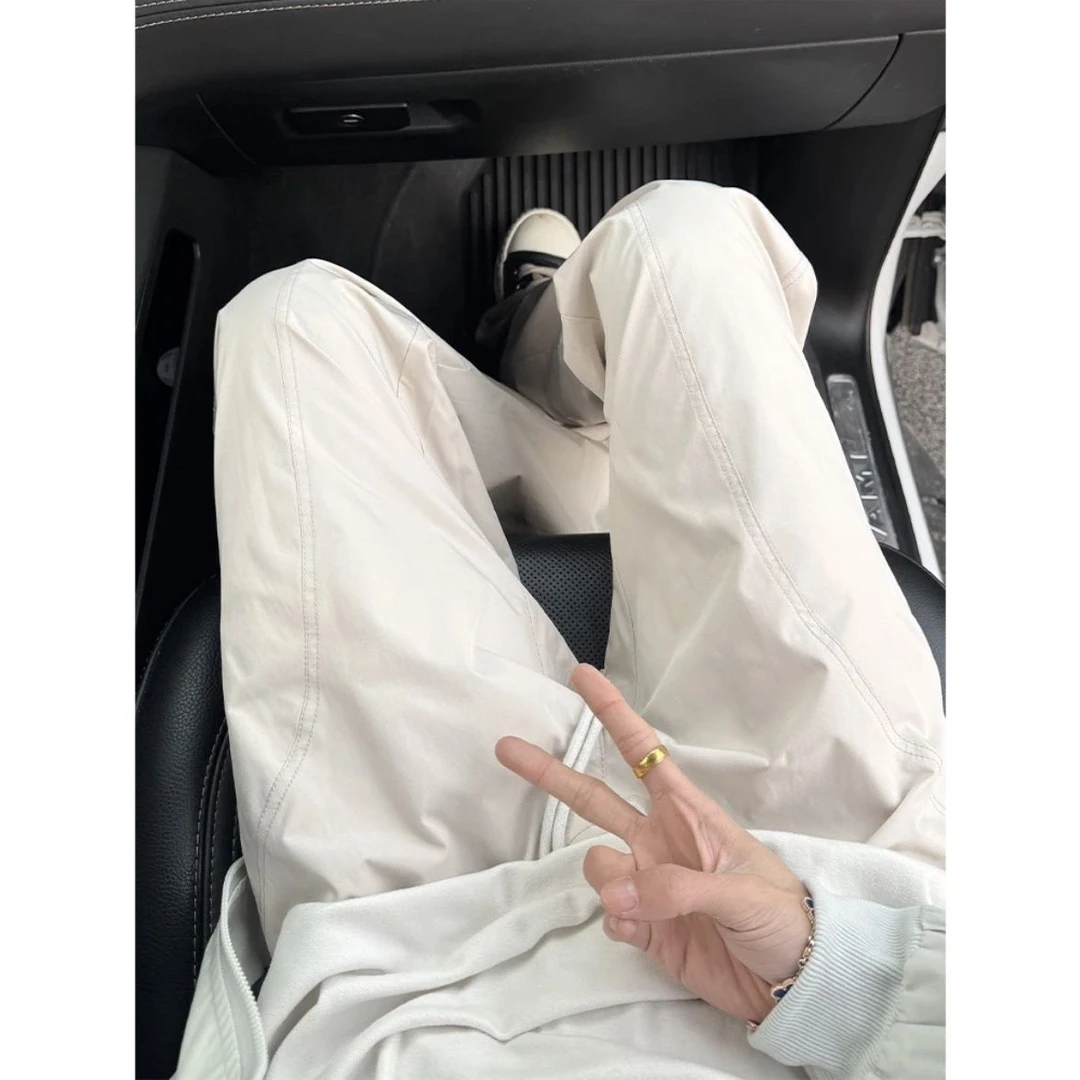 【现货】米白色美式休闲长裤男春夏款显瘦显高潮流宽松微喇长裤