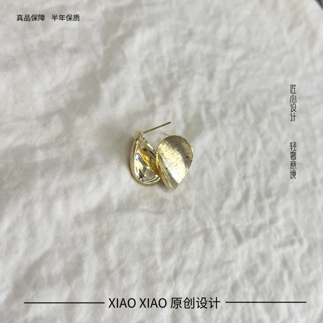 纯铜耳饰 曲面拉丝女浅金色瑞丽风几何耳钉轻奢镶嵌简约时尚