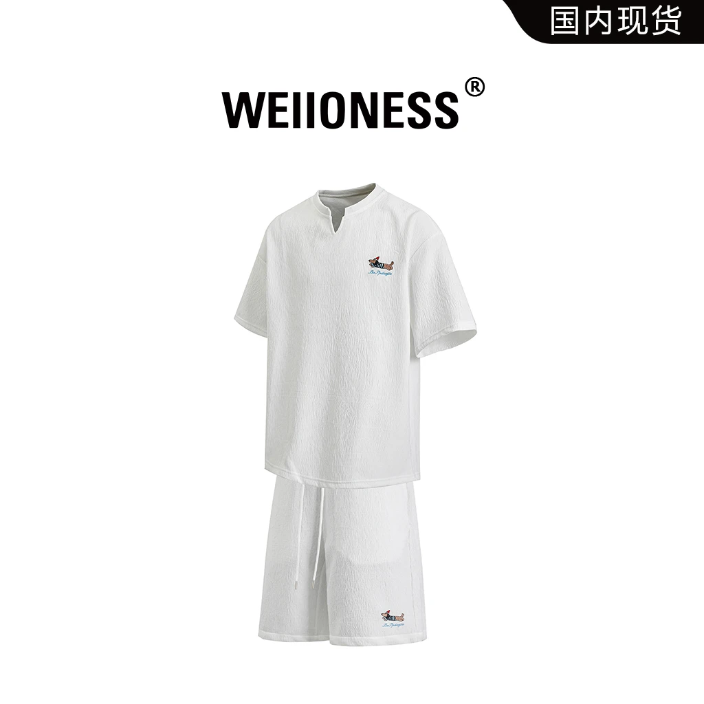 WEIIONESS潮牌腊肠狗短袖套装男款2025夏季轻奢两件套高级感男装