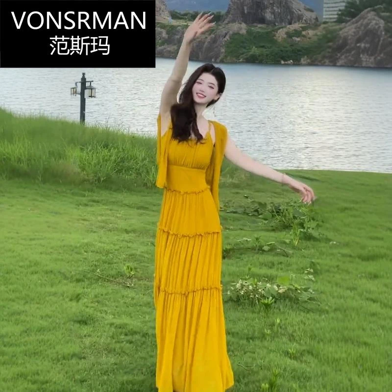 Vonsrman法式气质黄色吊带连衣裙女2025夏季老钱风松弛感女装贵气
