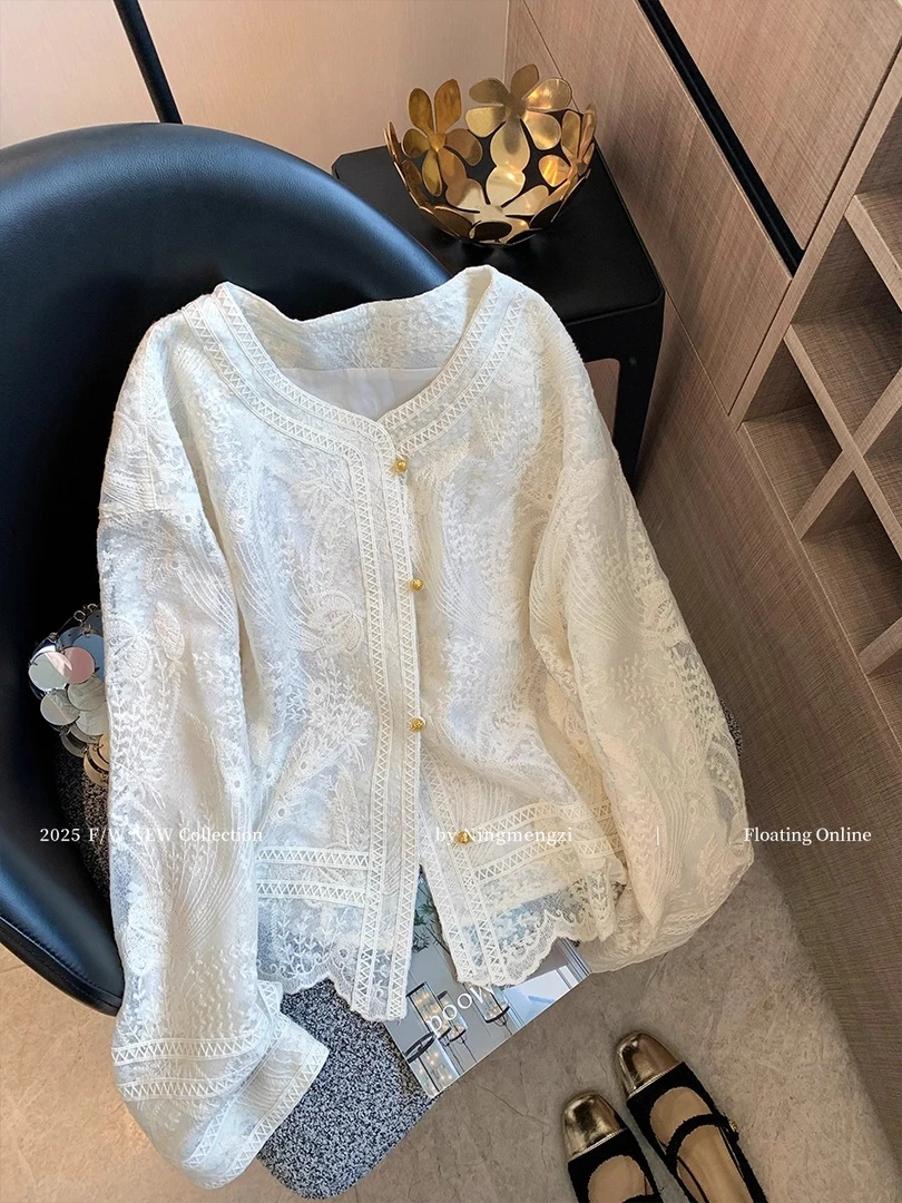 新中式提花刺绣蕾丝长袖衬衫女装2025早秋国风气质温柔高级感上衣