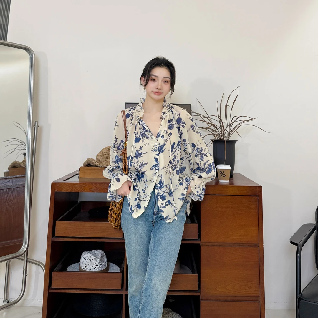 天青烟雨丨100桑蚕丝宽松花边领日常通勤真丝雪纺衬衫-MY5968