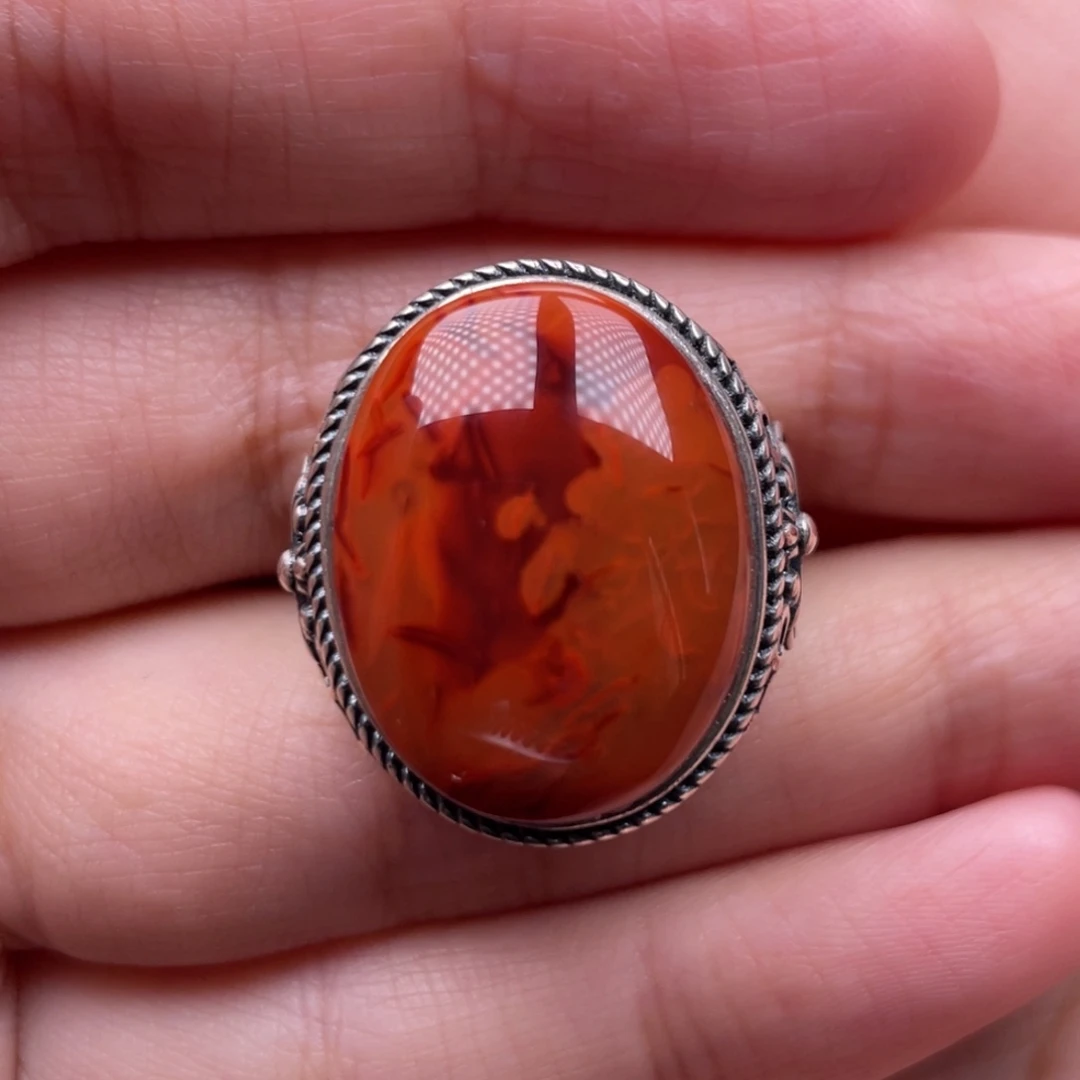 南红玛瑙银S925镶嵌珠宝奇石戒指