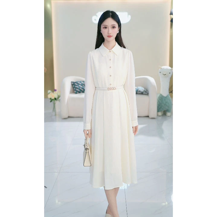 苏醒的乐园春季新款A201白月光气质长袖收腰中长款连衣裙SXL24247