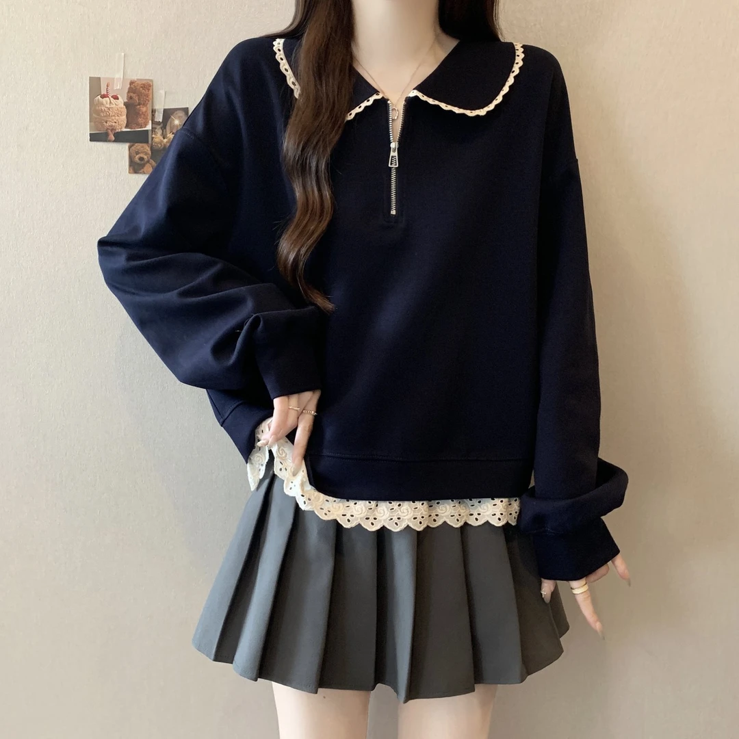 大码女装遮肚子正肩蕾丝拼接卫衣秋季胖mm显瘦宽松慵懒风长袖上衣