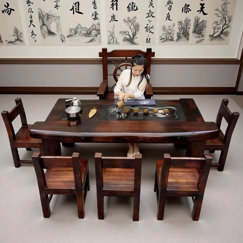 老船木茶桌椅组合功夫茶几实木茶桌一体一整套中式客厅办公泡茶台