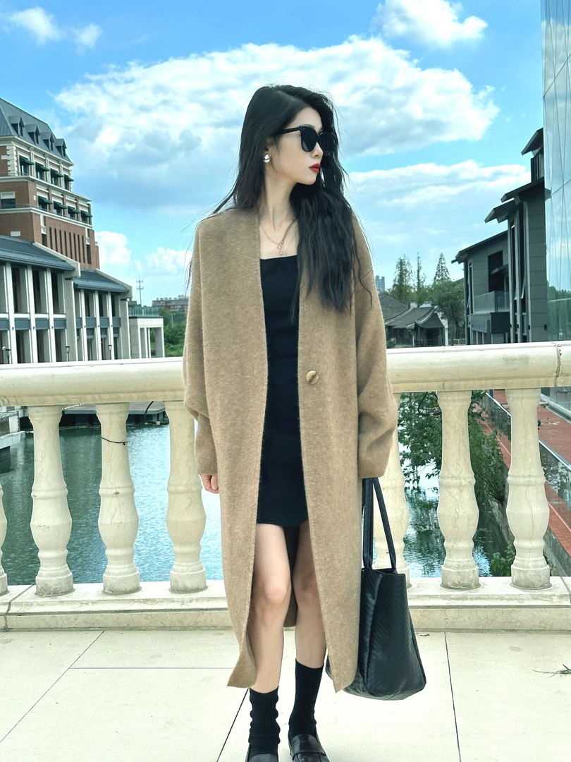 秋季新款极简宽松显瘦中长款过膝针织外套气质V领慵懒针织大衣女