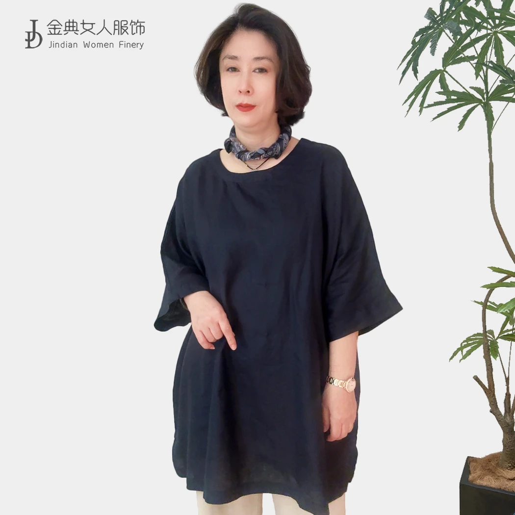 【金典女人服饰】方领七分袖纯色宽松麻料T恤    百搭休闲上衣6899